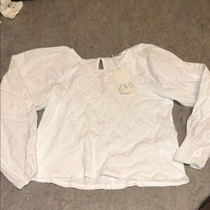 Zara White Long Sleeve Puff-Sleeve Blouse
